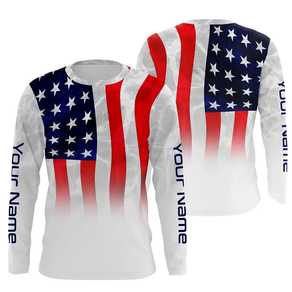 American Flag Performance Shirts, Custom Name Us Fishing Water Wave 3D Long Sleeve Shirts For Fisherman