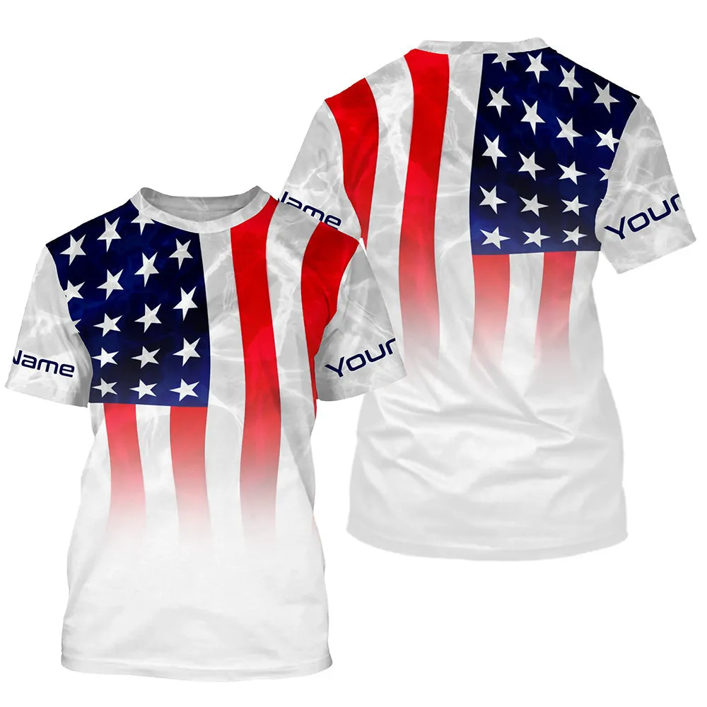 American Flag Performance Shirts, Custom Name Us Fishing Water Wave 3D Long Sleeve Shirts For Fisherman