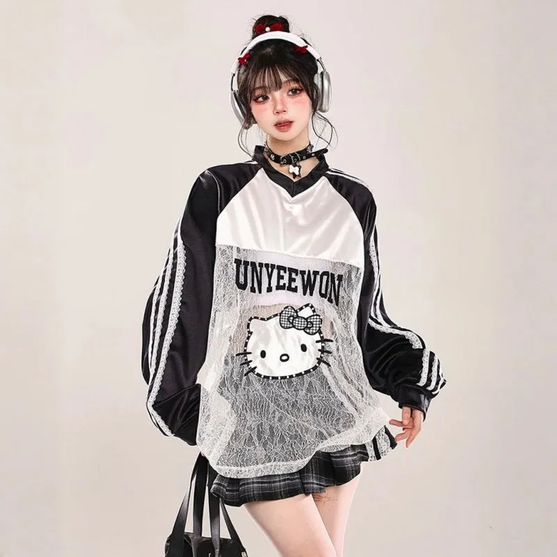 American Style Hello Kitty Embroidered Hollow T-shirt