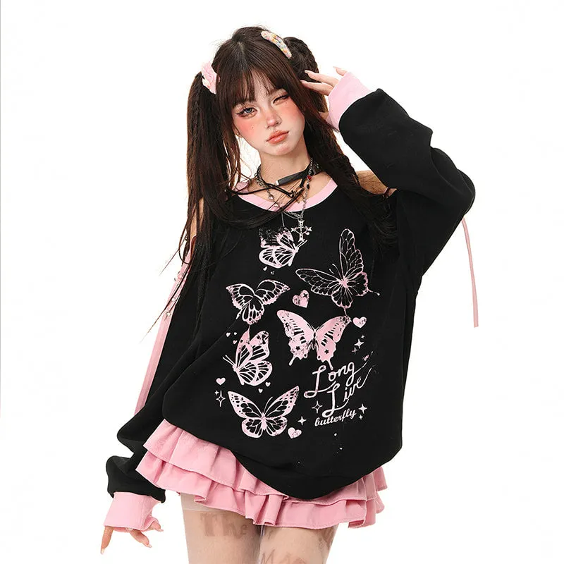 American Sweet Cool Style Butterfly Embroidered Off-shoulder Sweatshirt