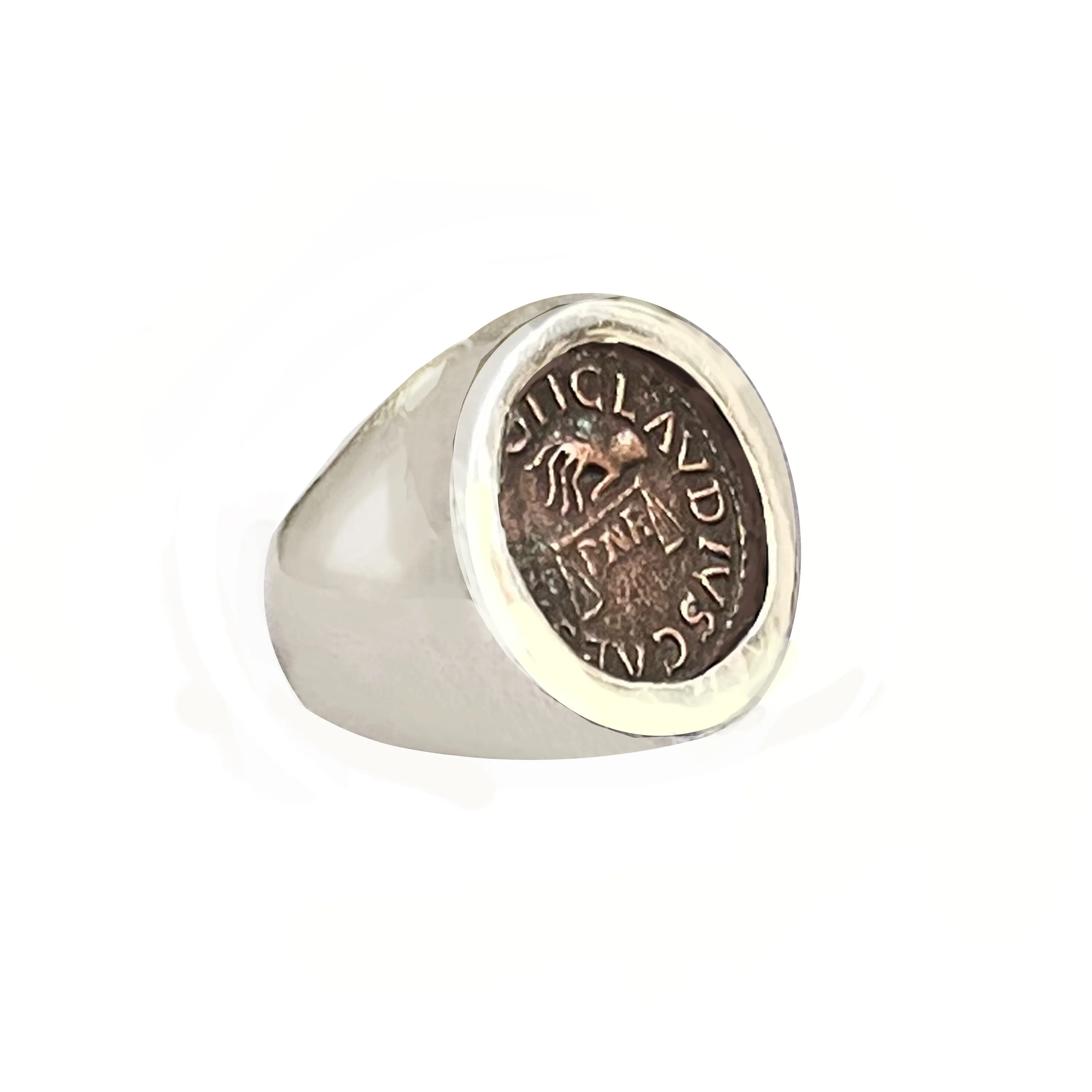 Authentic Ancient Roman Coin 1st cent. AD Silver Ring depicting a hand holding a scale and the word "Claudius"