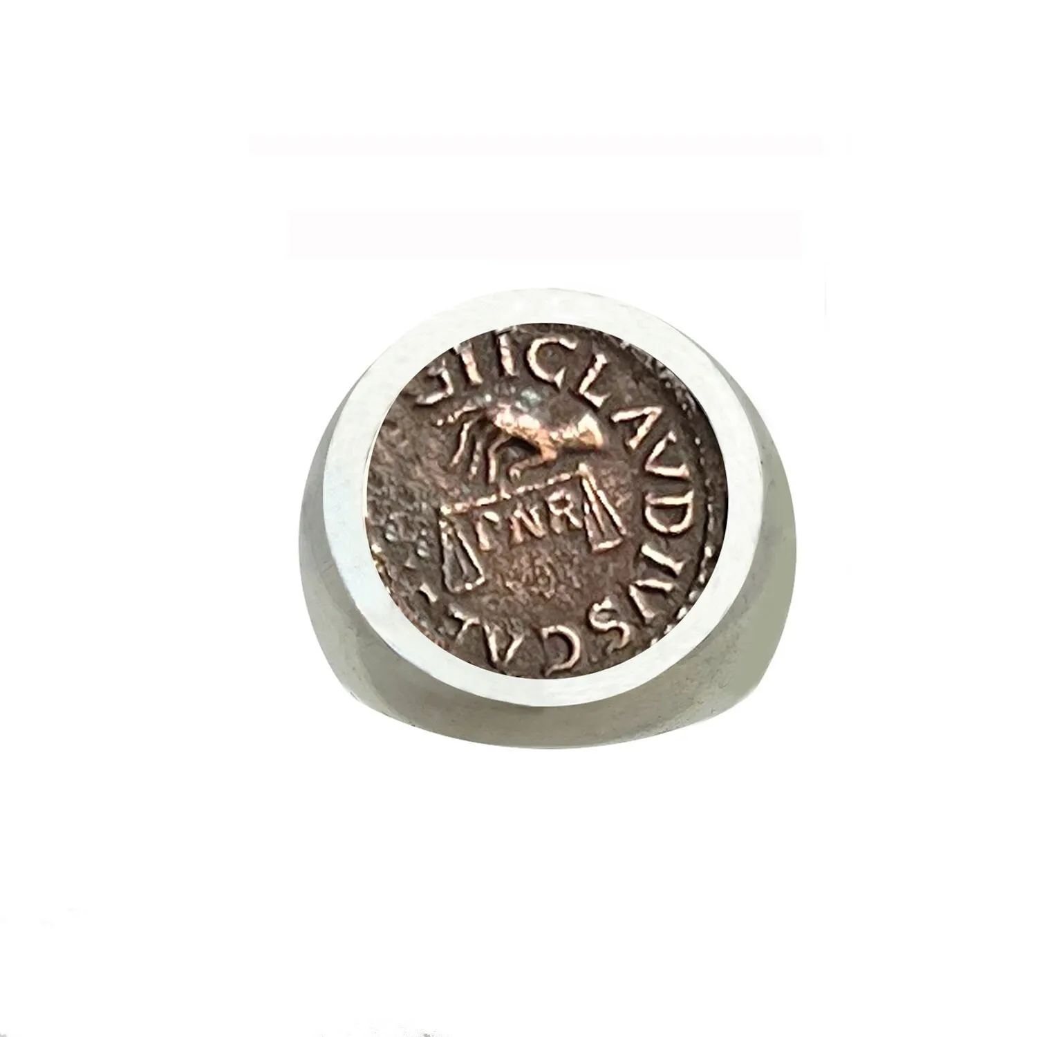 Authentic Ancient Roman Coin 1st cent. AD Silver Ring depicting a hand holding a scale and the word "Claudius"