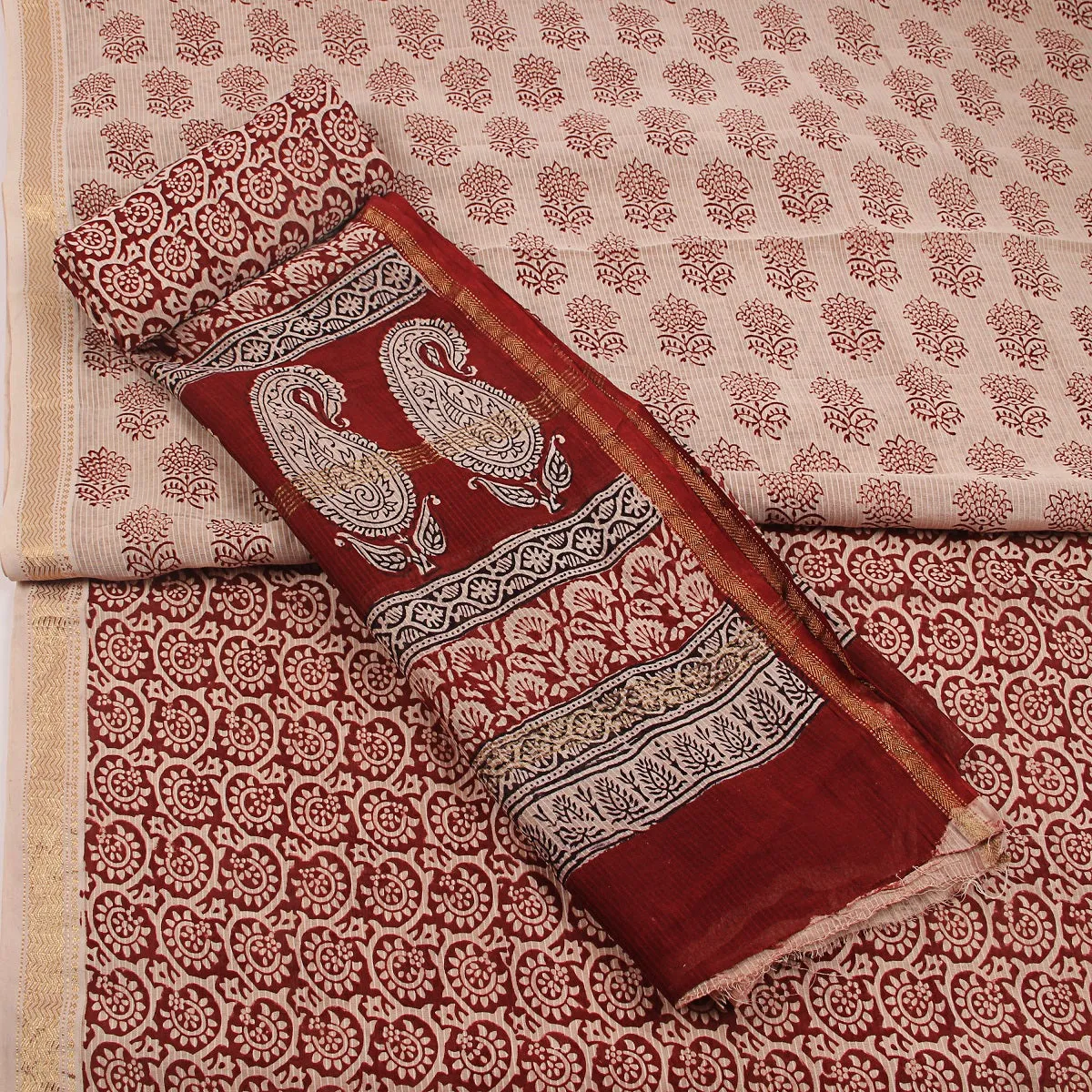 Bagh Hand Block Printed Maheshwari Silk Unstitched 3 Piece Suit Set
