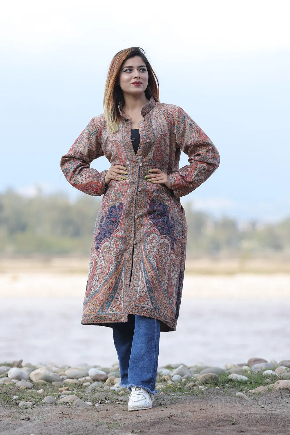 BEIGE AND NAVY BLUE Colour Kani Jacket Along With New Designer Jaal Pattern
