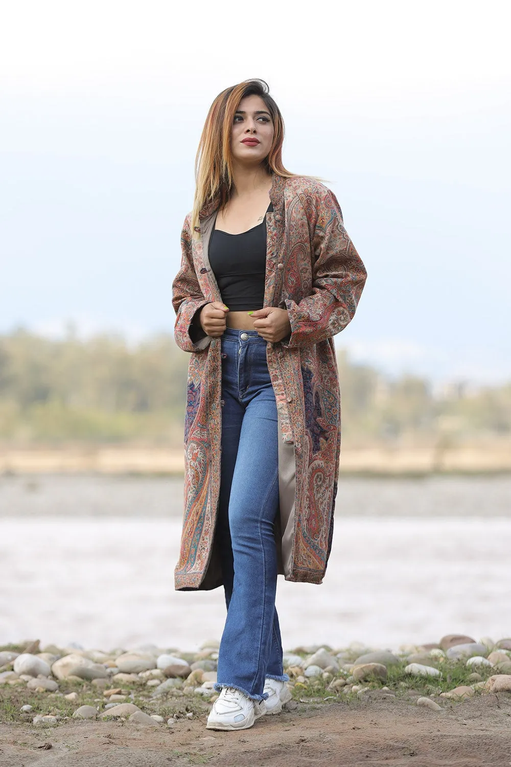 BEIGE AND NAVY BLUE Colour Kani Jacket Along With New Designer Jaal Pattern