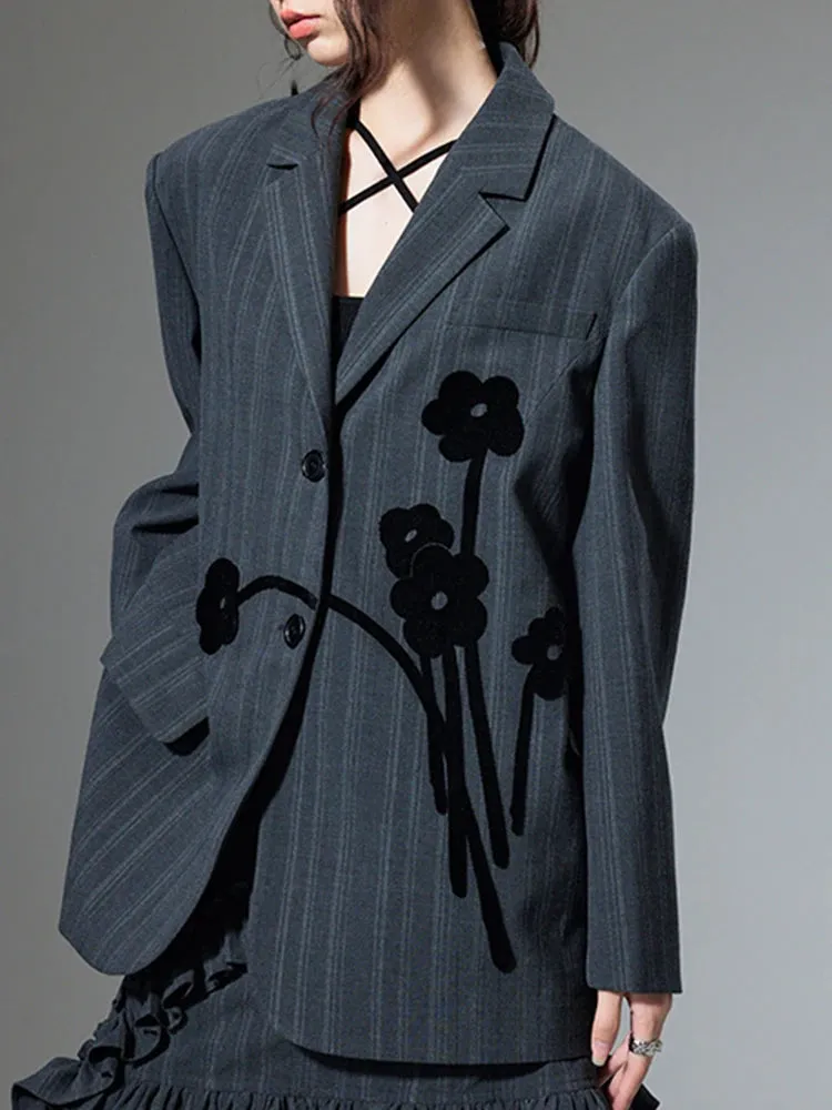 Black Striped Splice Flower New Lapel Long Loose Fit Fashion Tide Spring Blazer