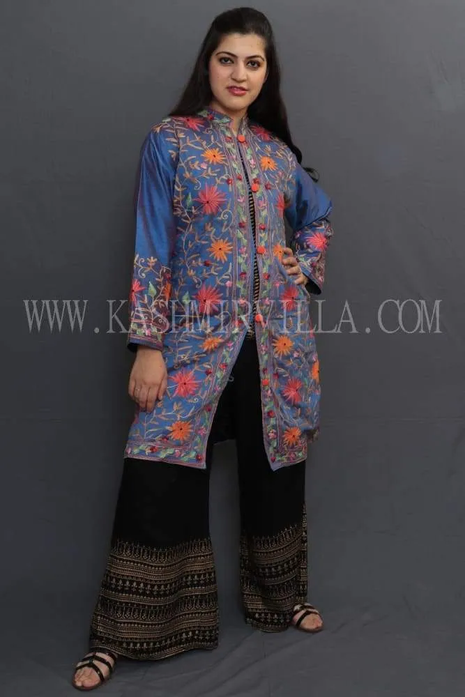 Blue Colour Embroidered Jacket With Beautiful Aari Jaal Gives Elegance To The Wearer.