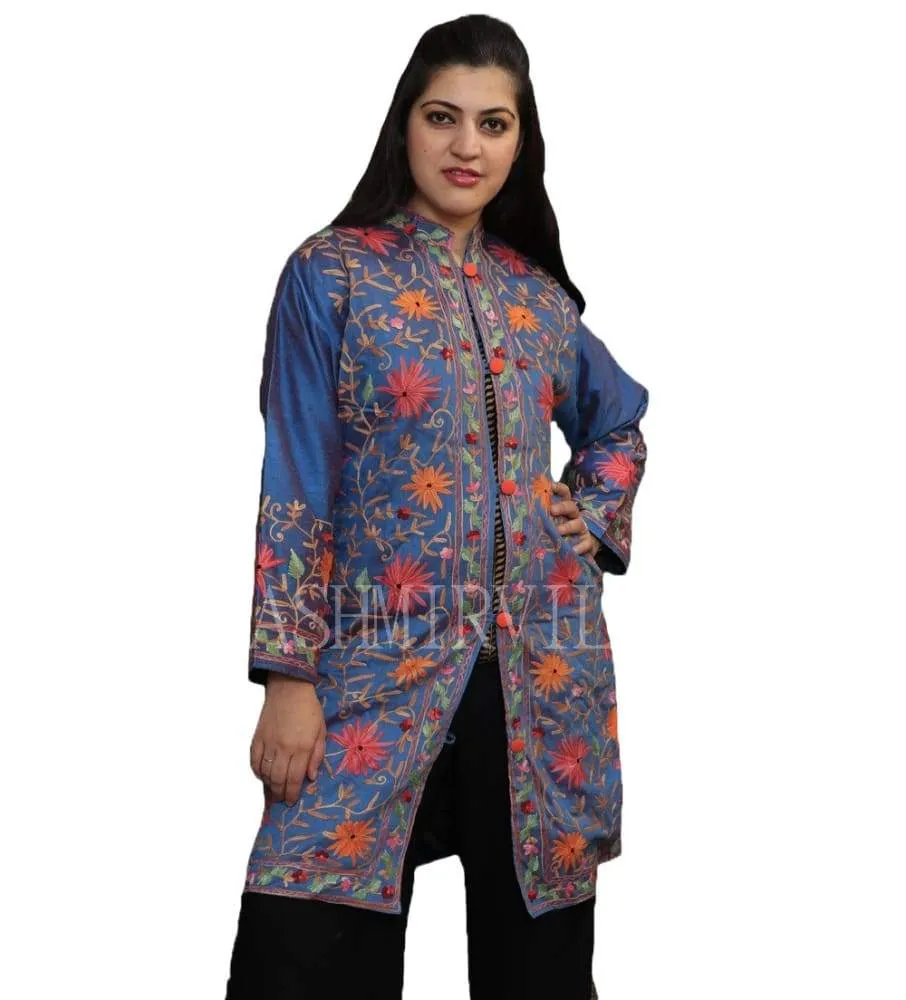 Blue Colour Embroidered Jacket With Beautiful Aari Jaal Gives Elegance To The Wearer.