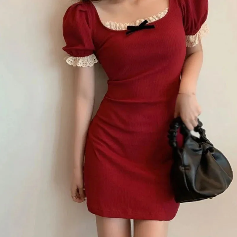 Bubble Short Sleeved Sweet Lace Square Neck Cinched Waist Casual Summer Dress