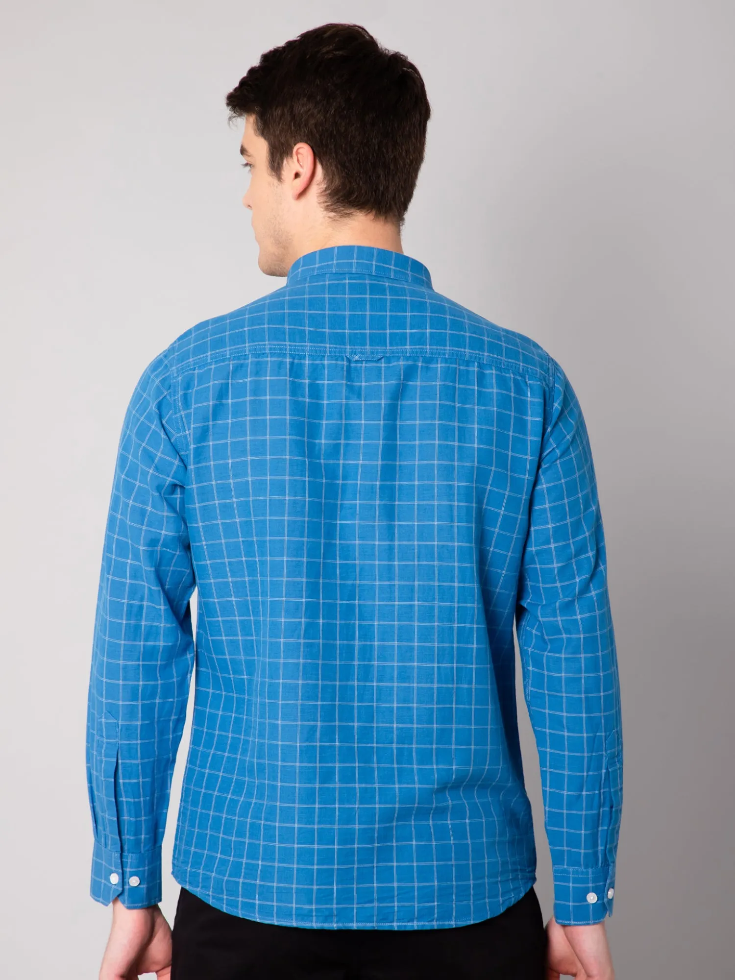 Cantabil Cotton Blend Checkered Blue Full Sleeve Casual Shirt for Men with Pocket