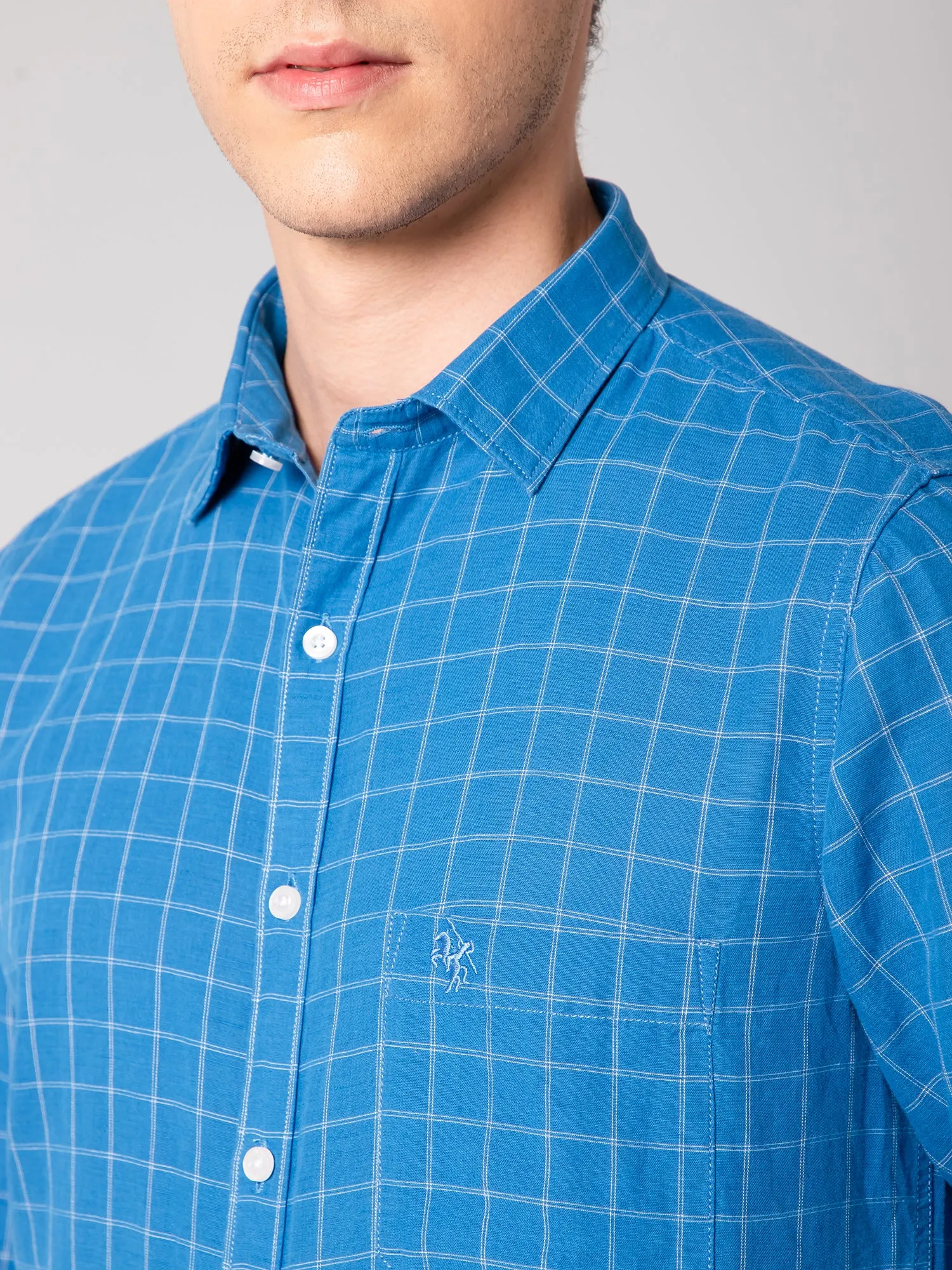 Cantabil Cotton Blend Checkered Blue Full Sleeve Casual Shirt for Men with Pocket