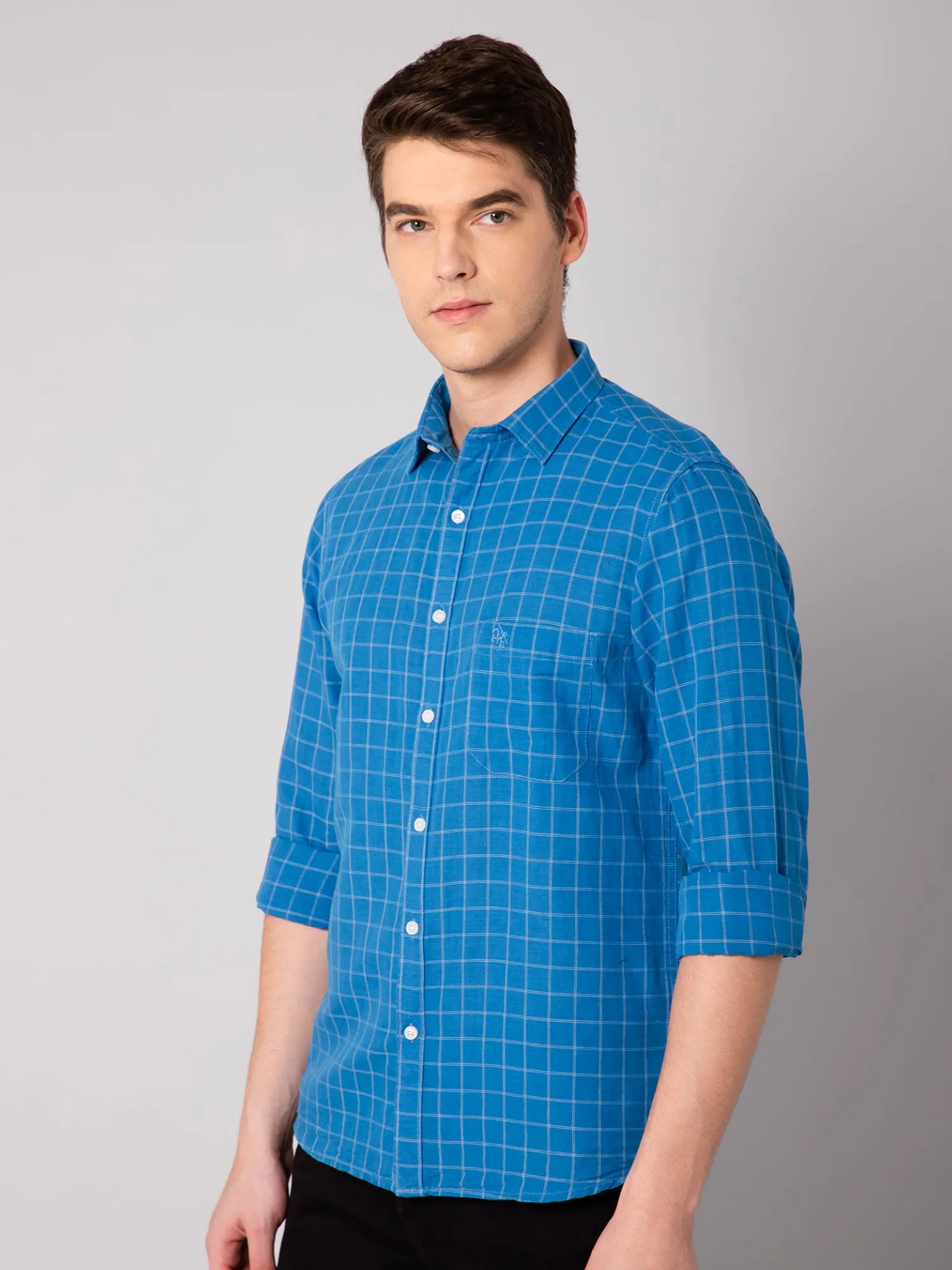 Cantabil Cotton Blend Checkered Blue Full Sleeve Casual Shirt for Men with Pocket