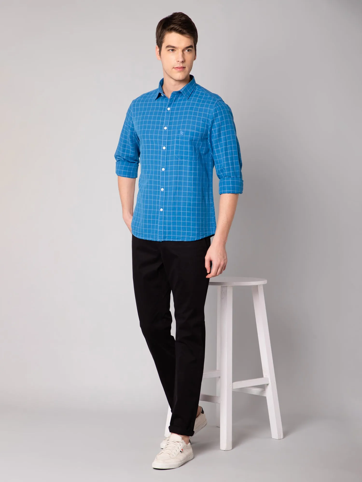 Cantabil Cotton Blend Checkered Blue Full Sleeve Casual Shirt for Men with Pocket