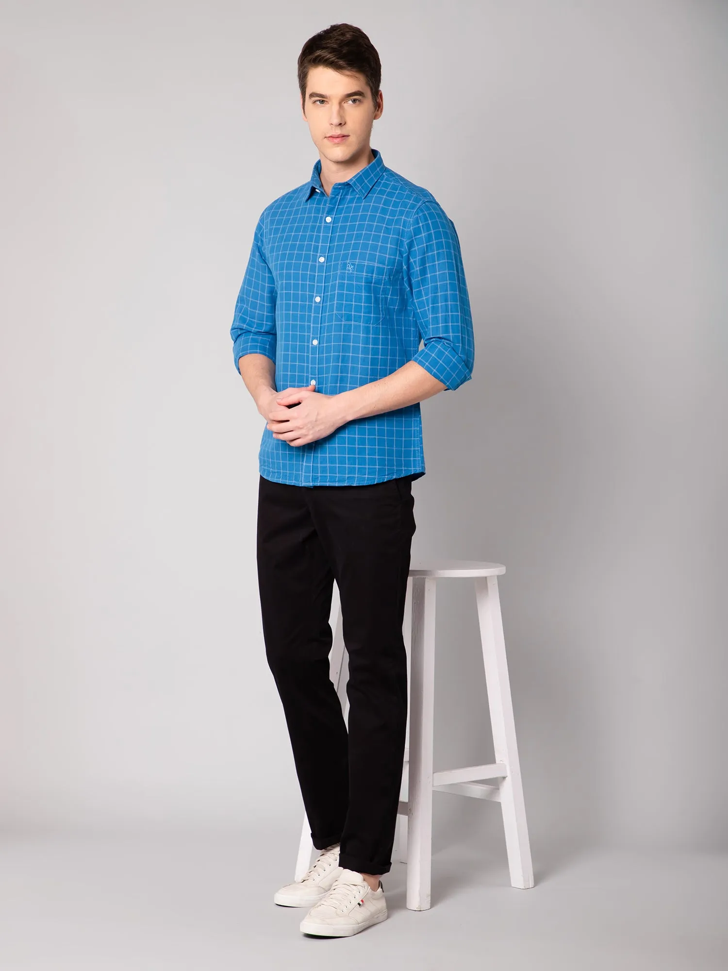 Cantabil Cotton Blend Checkered Blue Full Sleeve Casual Shirt for Men with Pocket