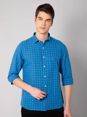 Cantabil Cotton Blend Checkered Blue Full Sleeve Casual Shirt for Men with Pocket