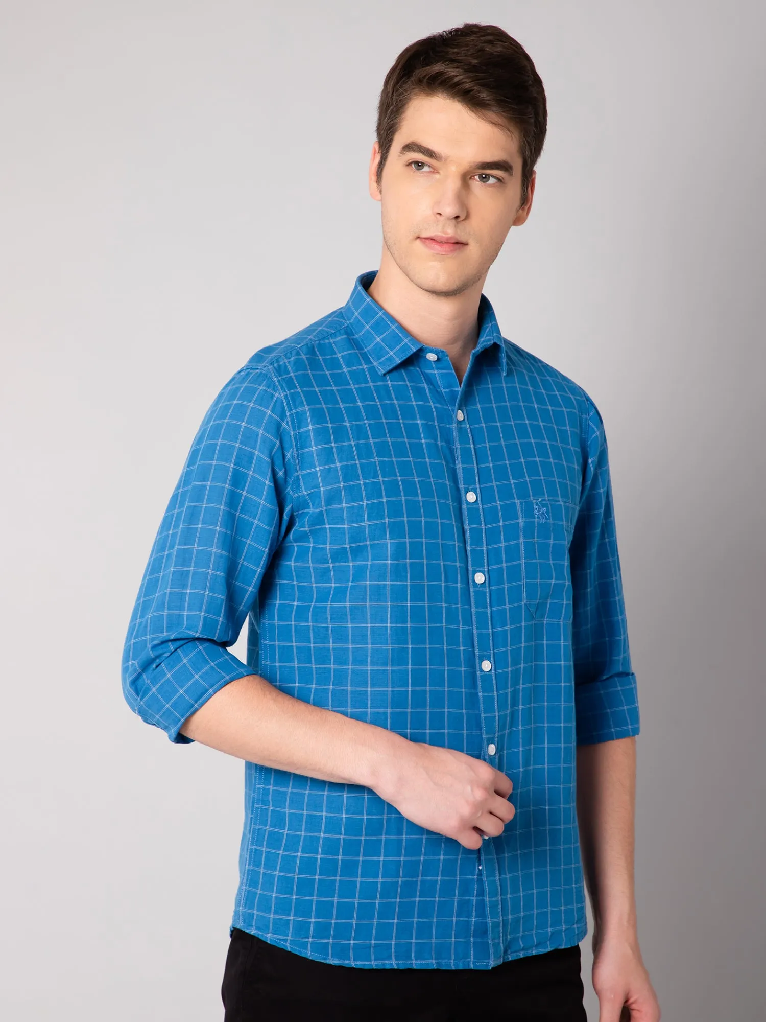 Cantabil Cotton Blend Checkered Blue Full Sleeve Casual Shirt for Men with Pocket