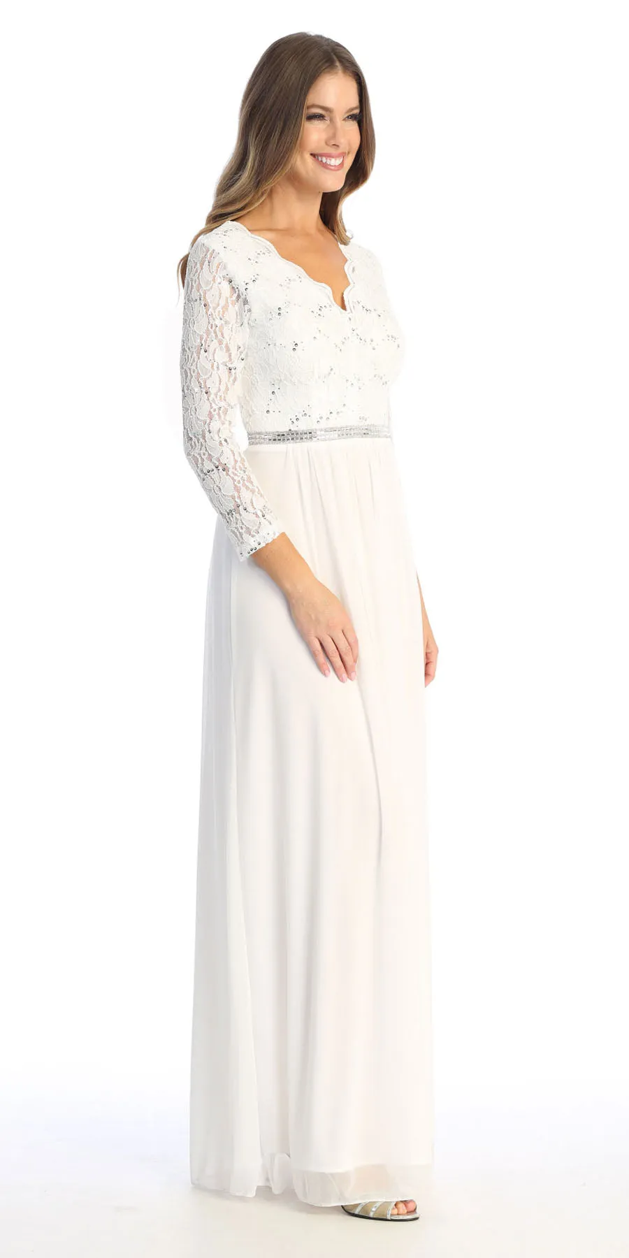 Celavie 6527-L Long Sleeve Chiffon Dress V-Neckline