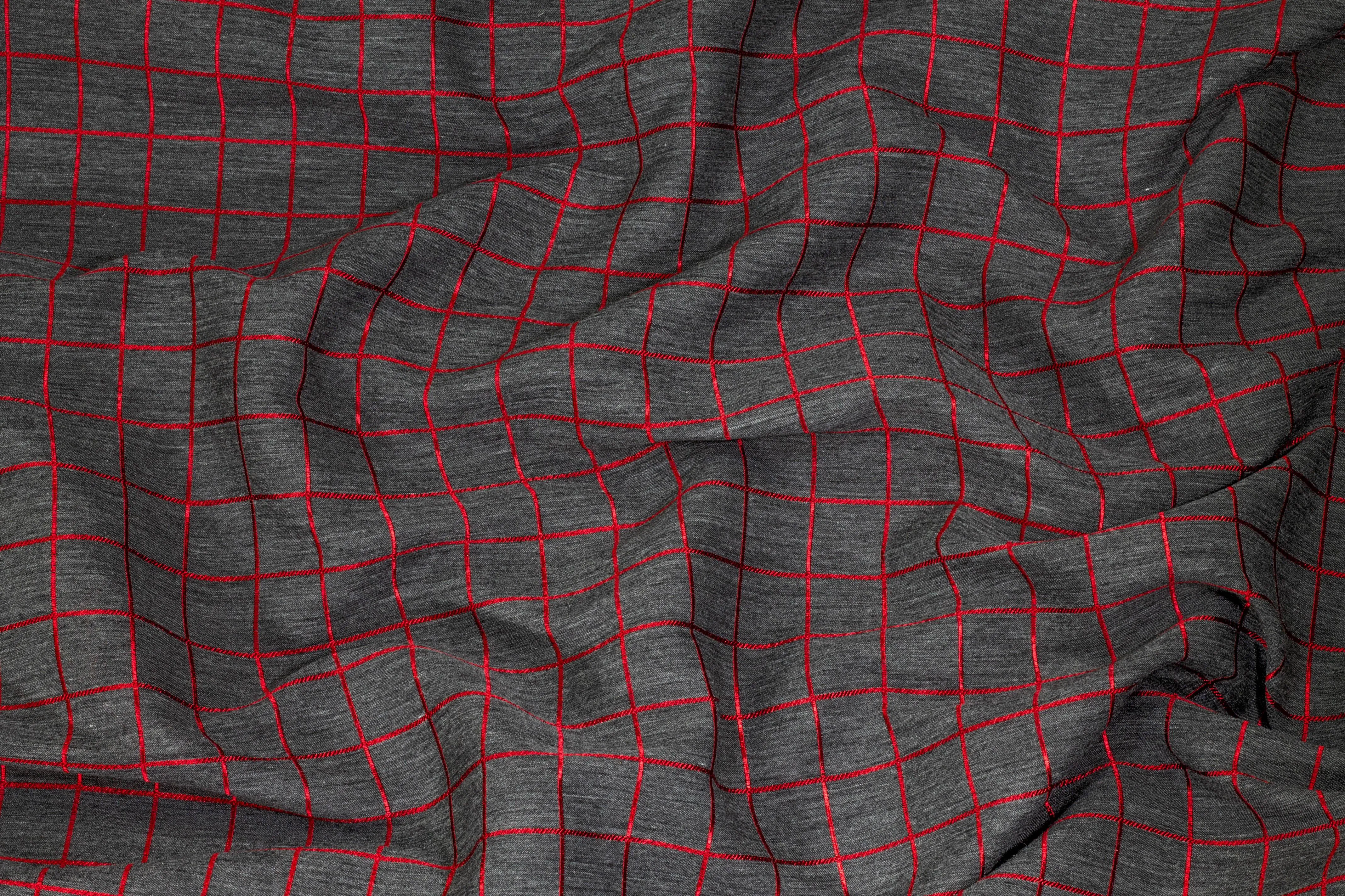 Charcoal Gray and Red Window Pane Brocade