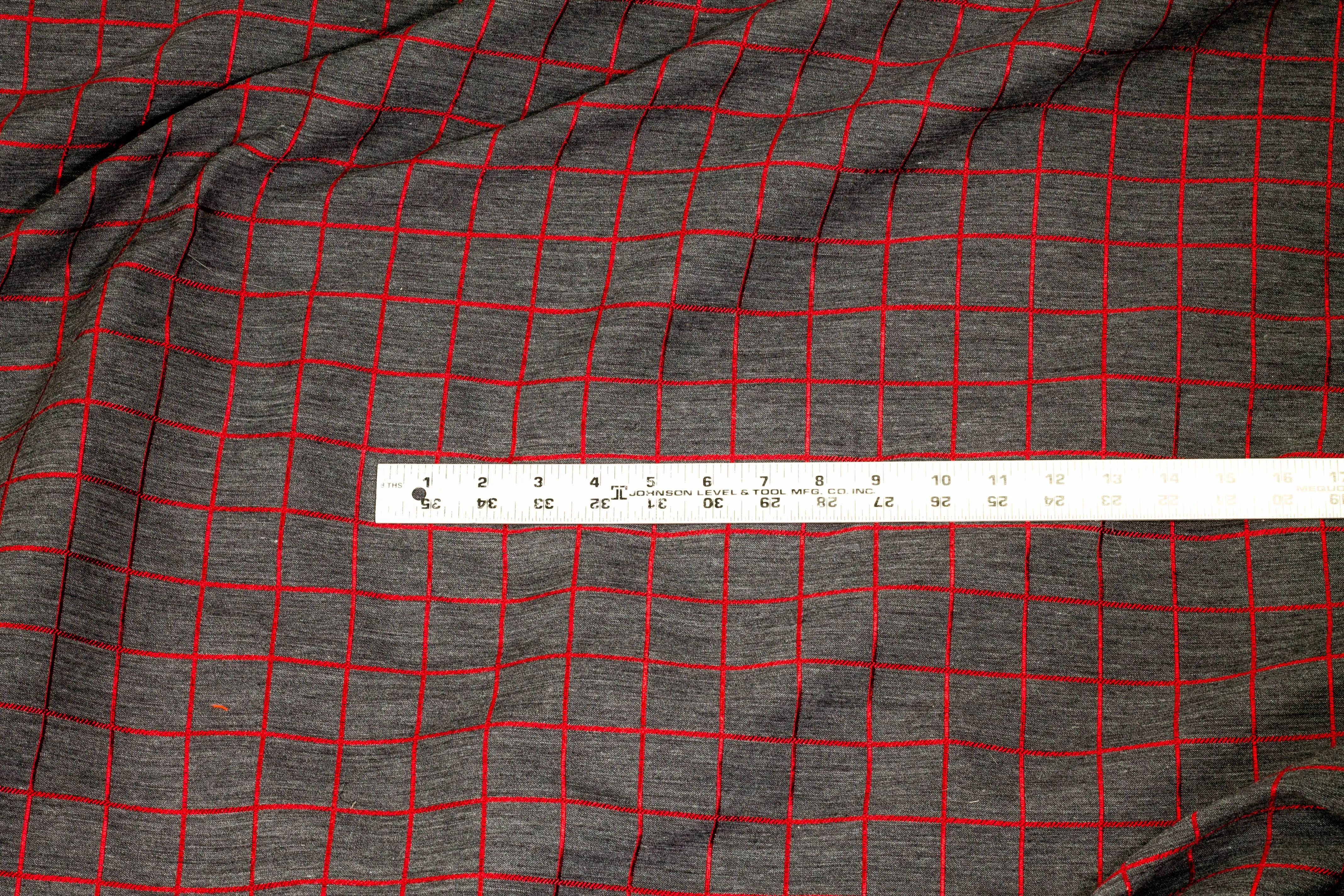 Charcoal Gray and Red Window Pane Brocade