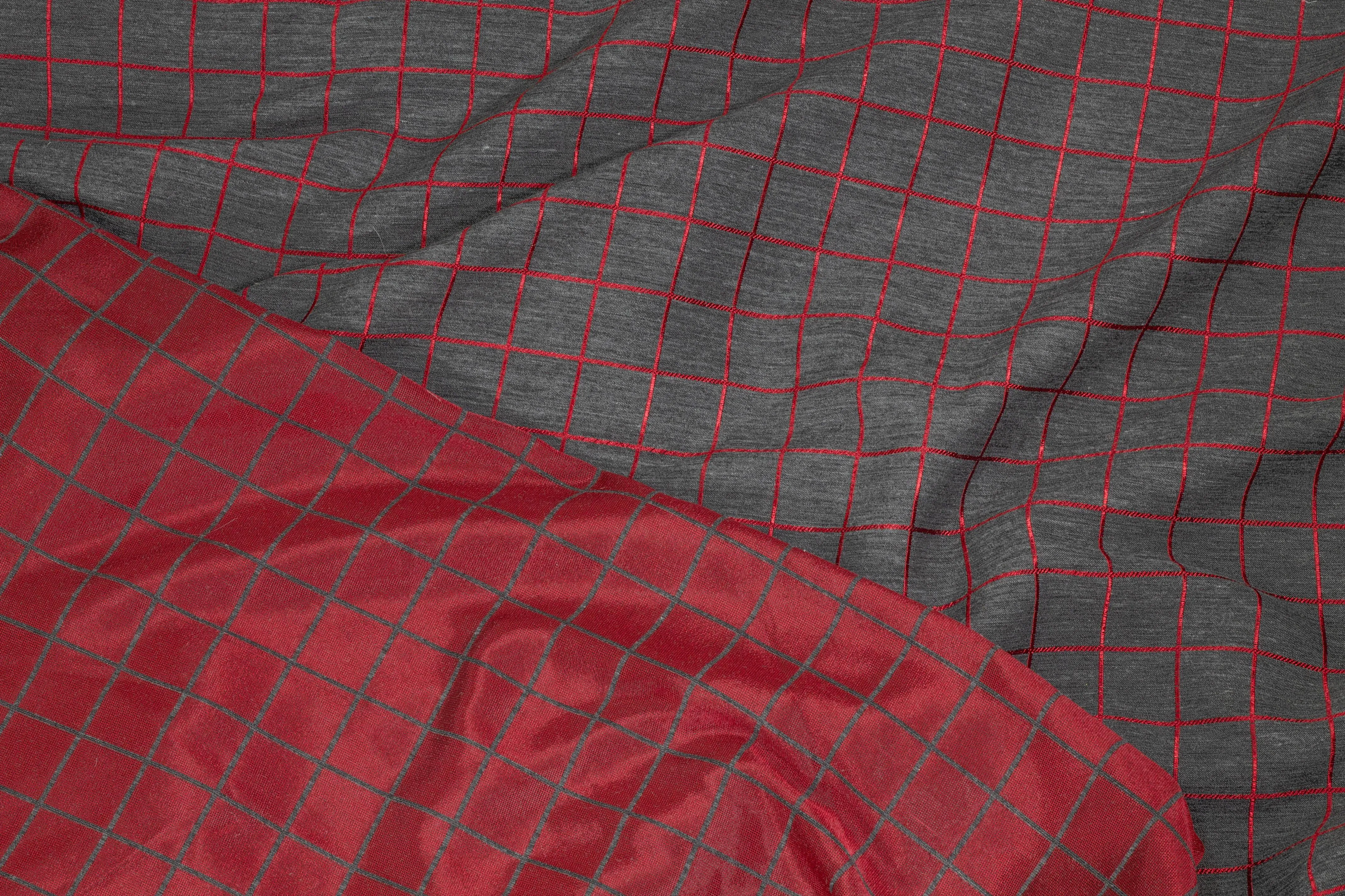 Charcoal Gray and Red Window Pane Brocade