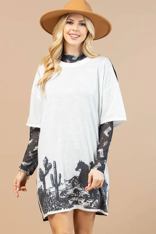CINDY WESTERN PRINT SEMI SHEER MESH TOP