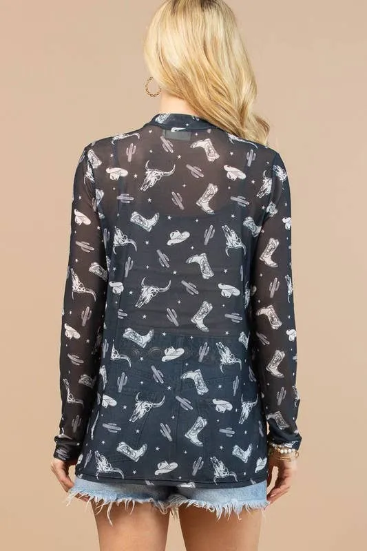 CINDY WESTERN PRINT SEMI SHEER MESH TOP
