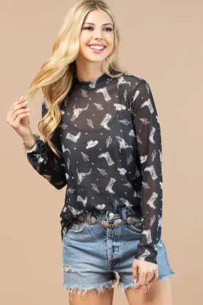 CINDY WESTERN PRINT SEMI SHEER MESH TOP
