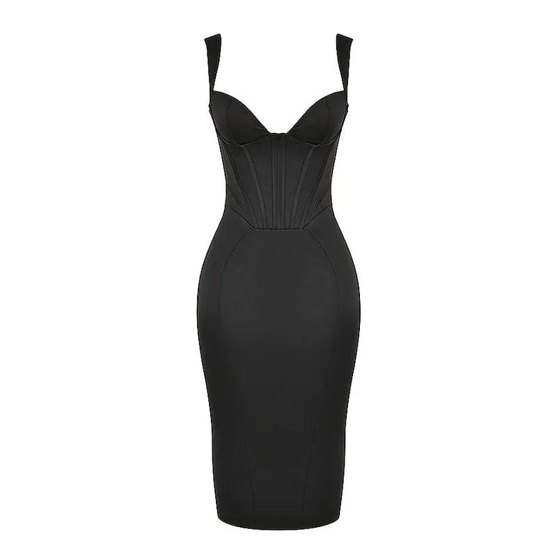 Classic Sleeveless Suspender Strap Sweetheart Bustier Midi Bandage Dress - Black