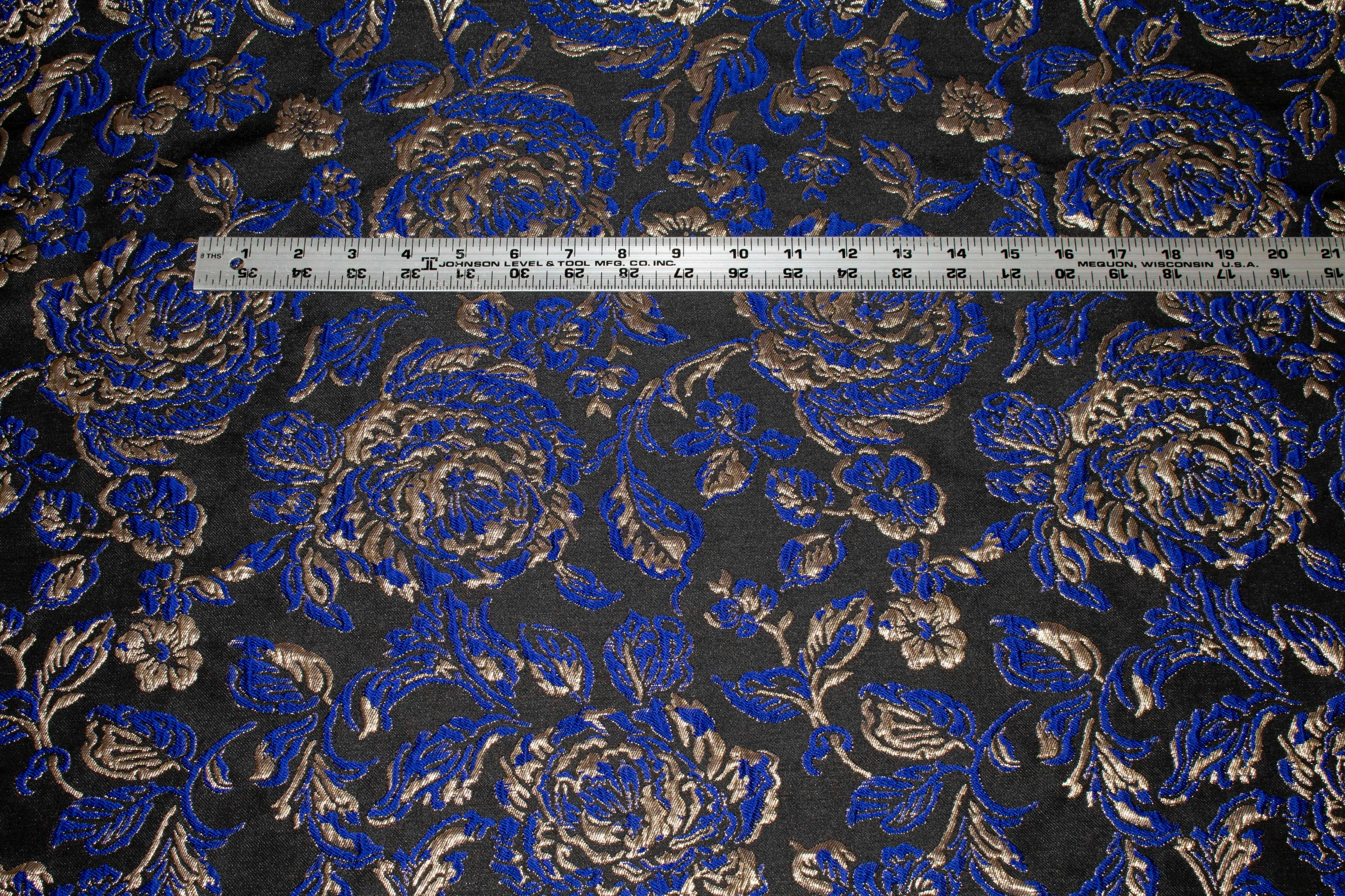 Crushed Metallic Floral Brocade - Royal Blue / Taupe / Black