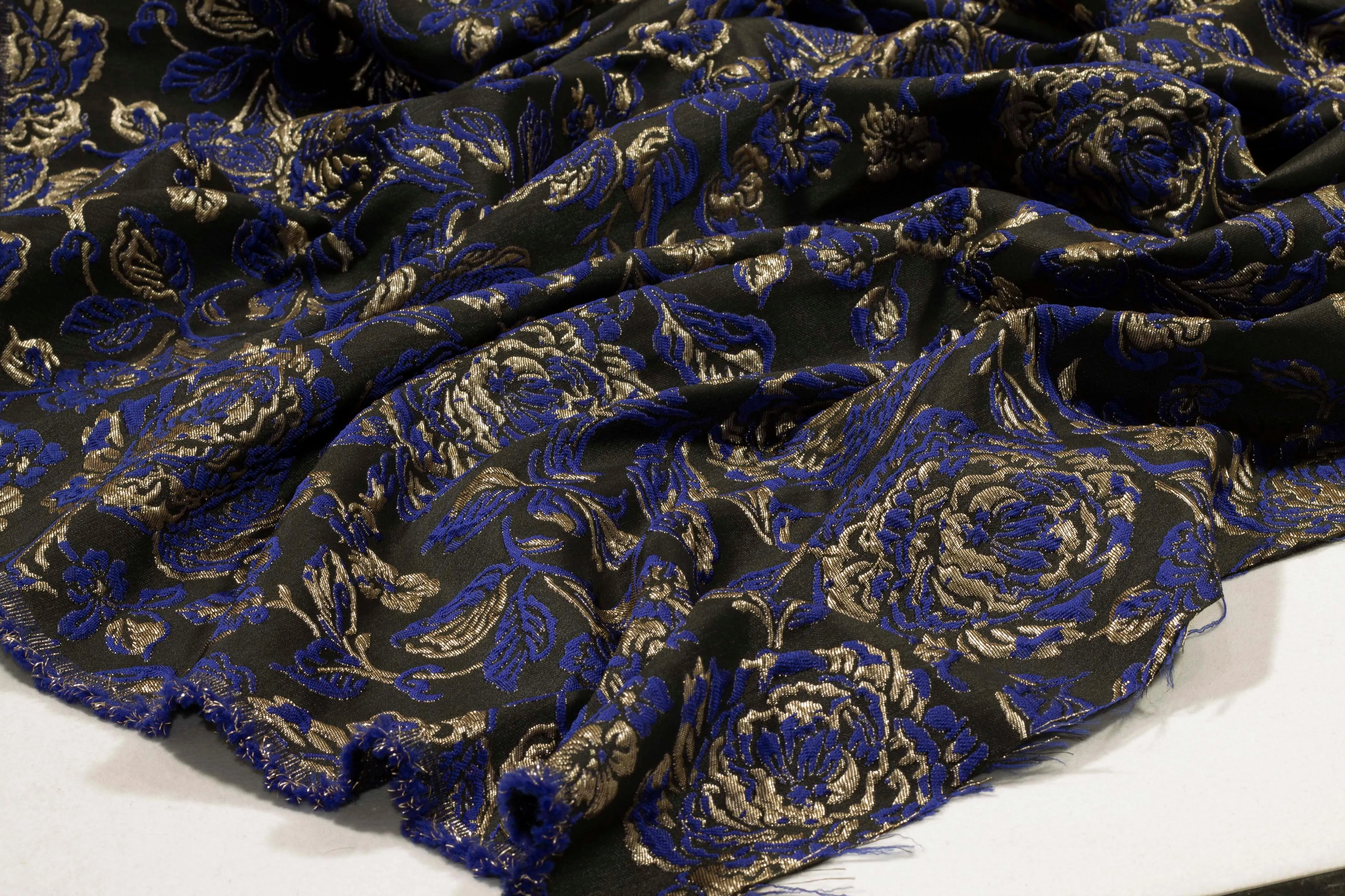 Crushed Metallic Floral Brocade - Royal Blue / Taupe / Black