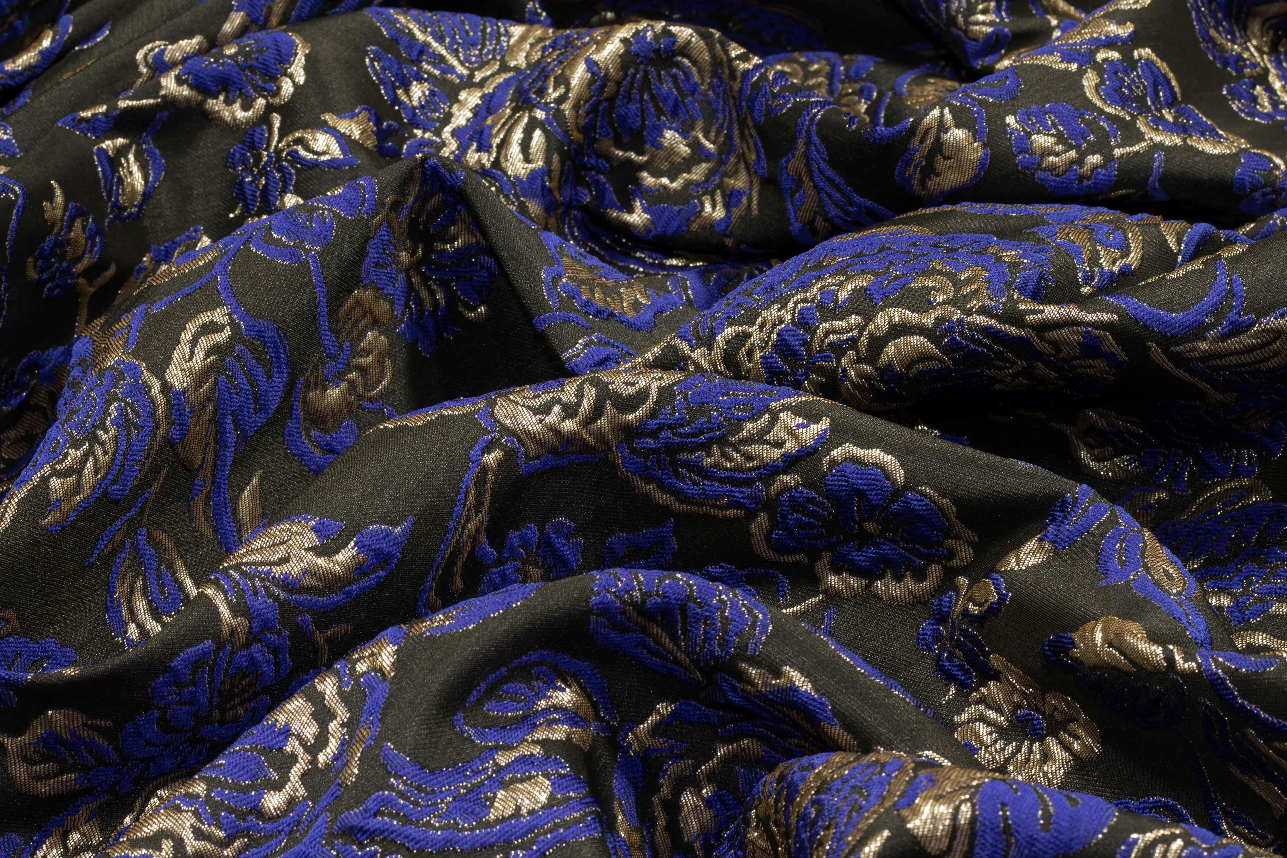 Crushed Metallic Floral Brocade - Royal Blue / Taupe / Black