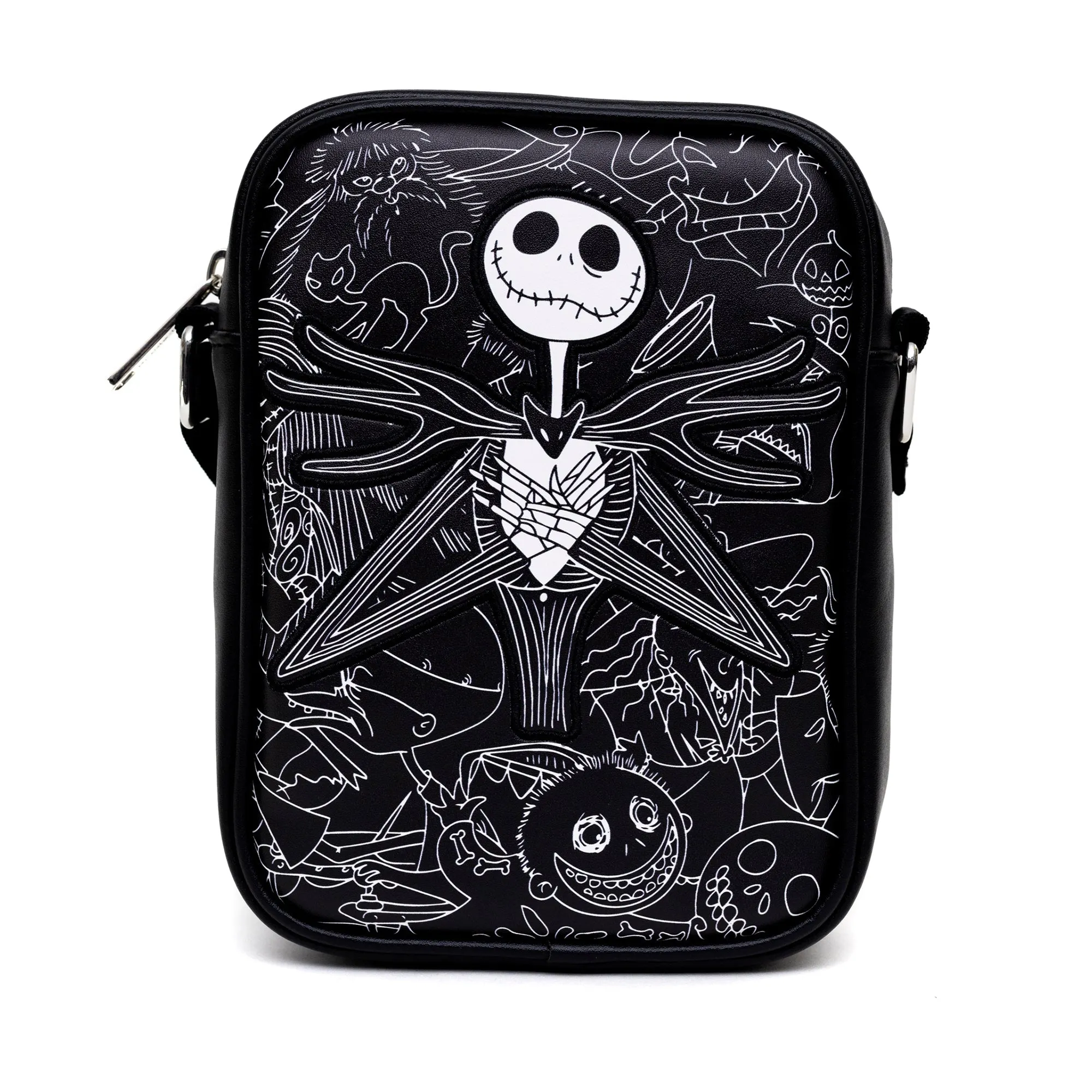 Disney Vegan Leather Cross Body Backpack for Men and Women with Adjustable Strap, Nightmare Before Christmas Jack Corpse Pose Applique, Black