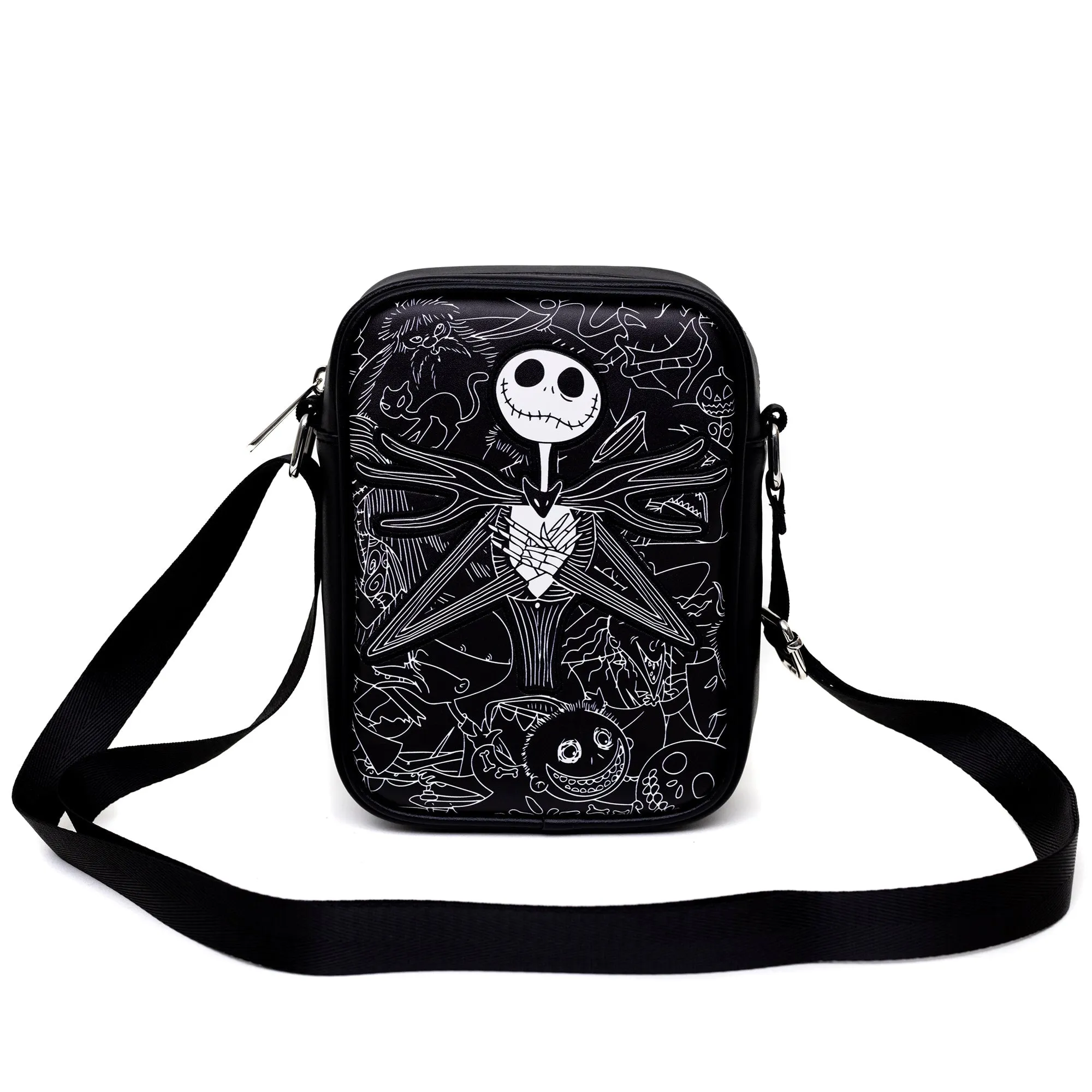Disney Vegan Leather Cross Body Backpack for Men and Women with Adjustable Strap, Nightmare Before Christmas Jack Corpse Pose Applique, Black