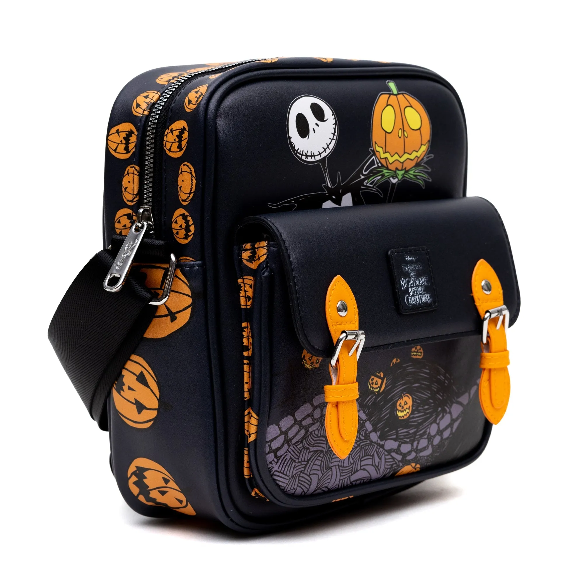 Disney Vegan Leather Crossbody Bag with Front Pocket, Nightmare Before Christmas Jack-O-Lantern Moon Poses Black, 7.5" x 9"