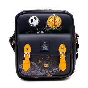 Disney Vegan Leather Crossbody Bag with Front Pocket, Nightmare Before Christmas Jack-O-Lantern Moon Poses Black, 7.5" x 9"