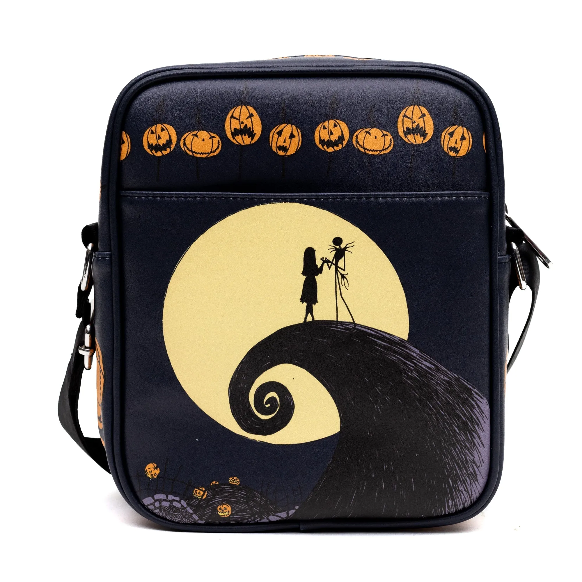 Disney Vegan Leather Crossbody Bag with Front Pocket, Nightmare Before Christmas Jack-O-Lantern Moon Poses Black, 7.5" x 9"