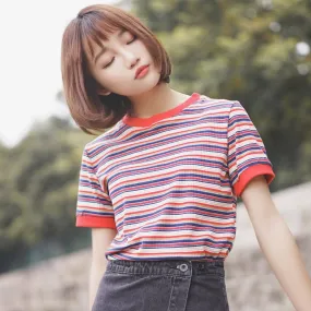 Fashion Collegiate Style Rainbow Striped T-shirt