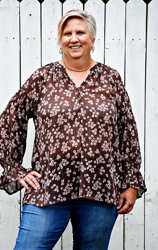 Floral Long Sleeve Top in Brown