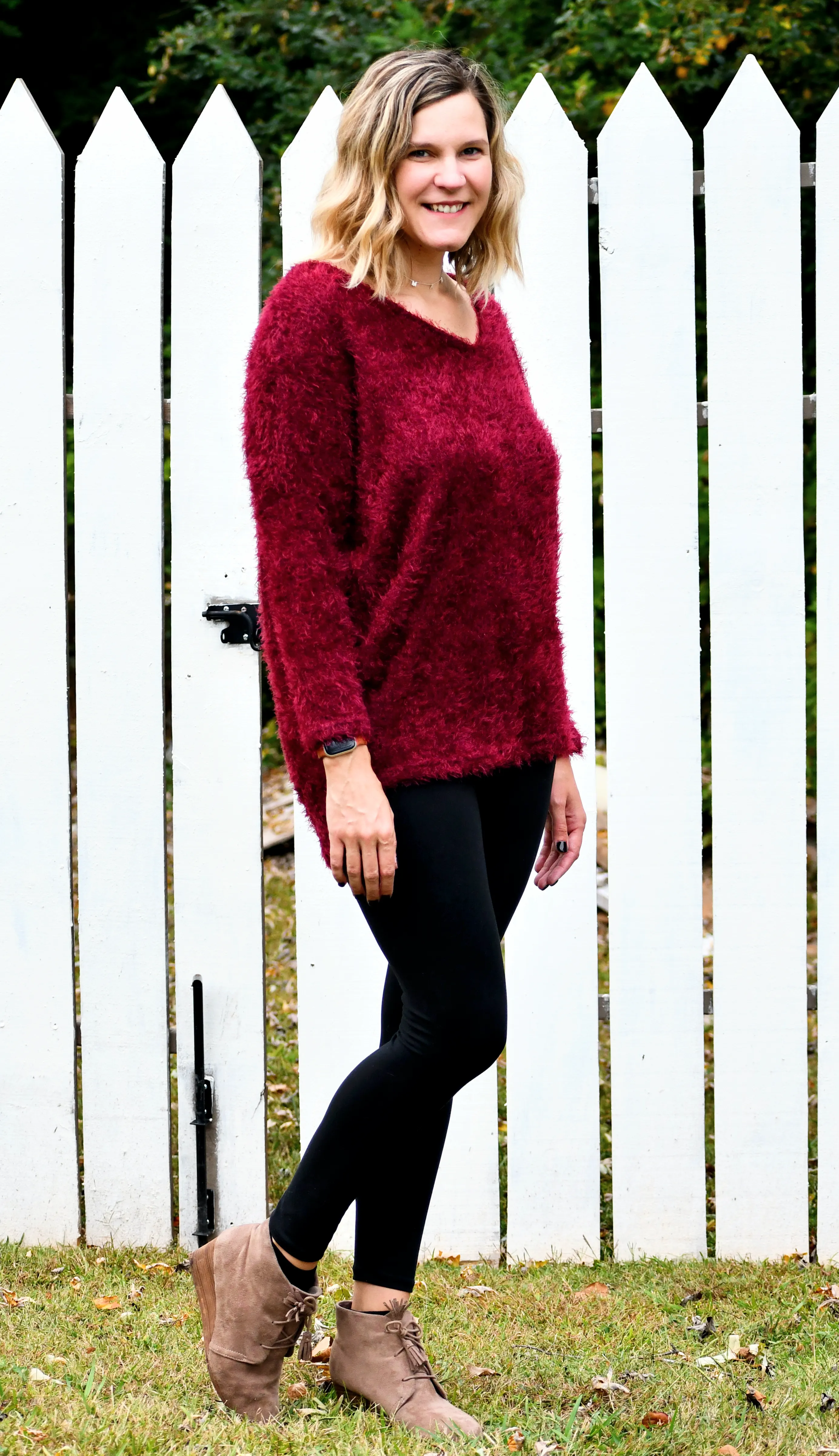 Fuzzy Feather Dolman Sleeve Sweater in Burgundy