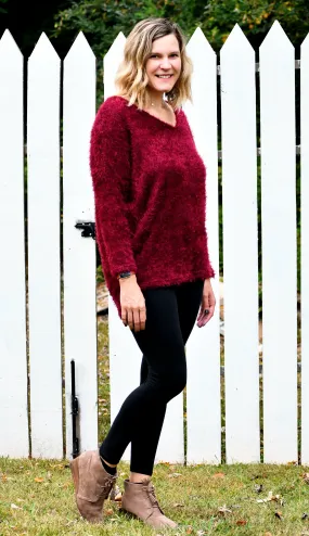 Fuzzy Feather Dolman Sleeve Sweater in Burgundy