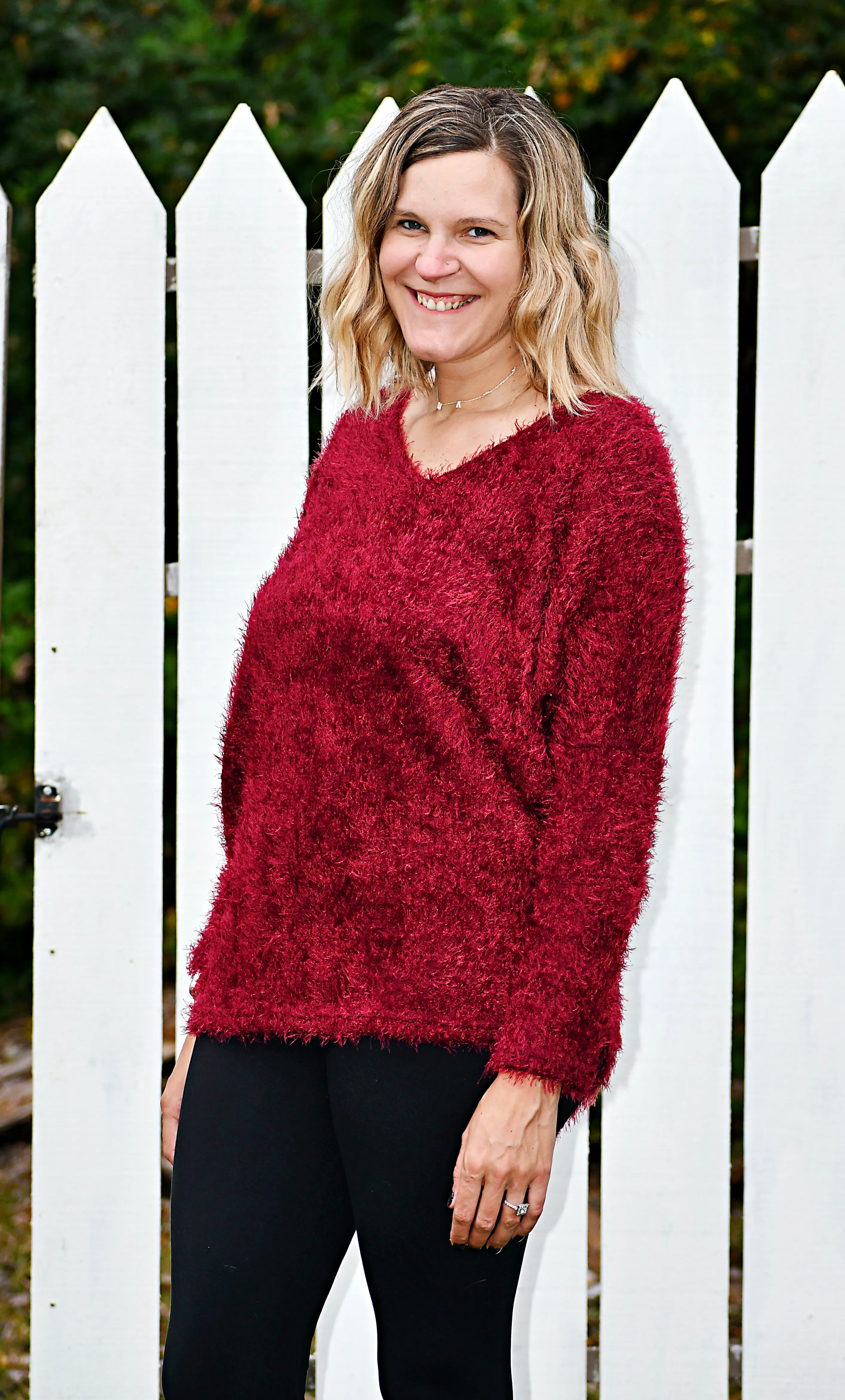 Fuzzy Feather Dolman Sleeve Sweater in Burgundy
