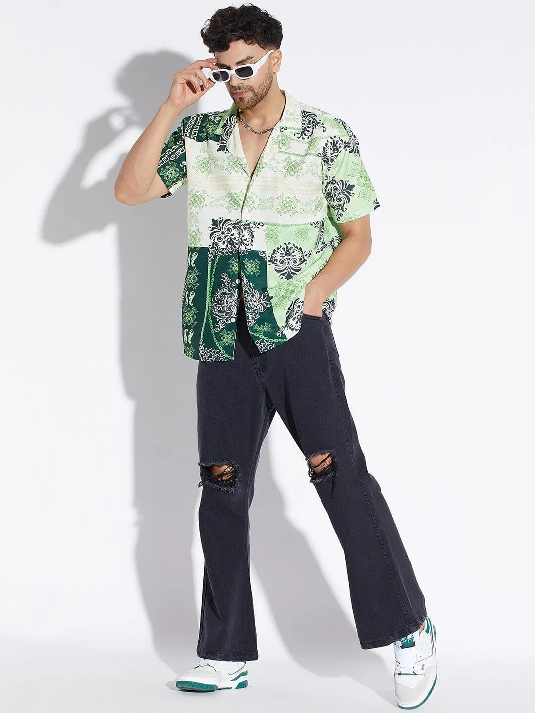 Green Baroque Print Cuban Shirt
