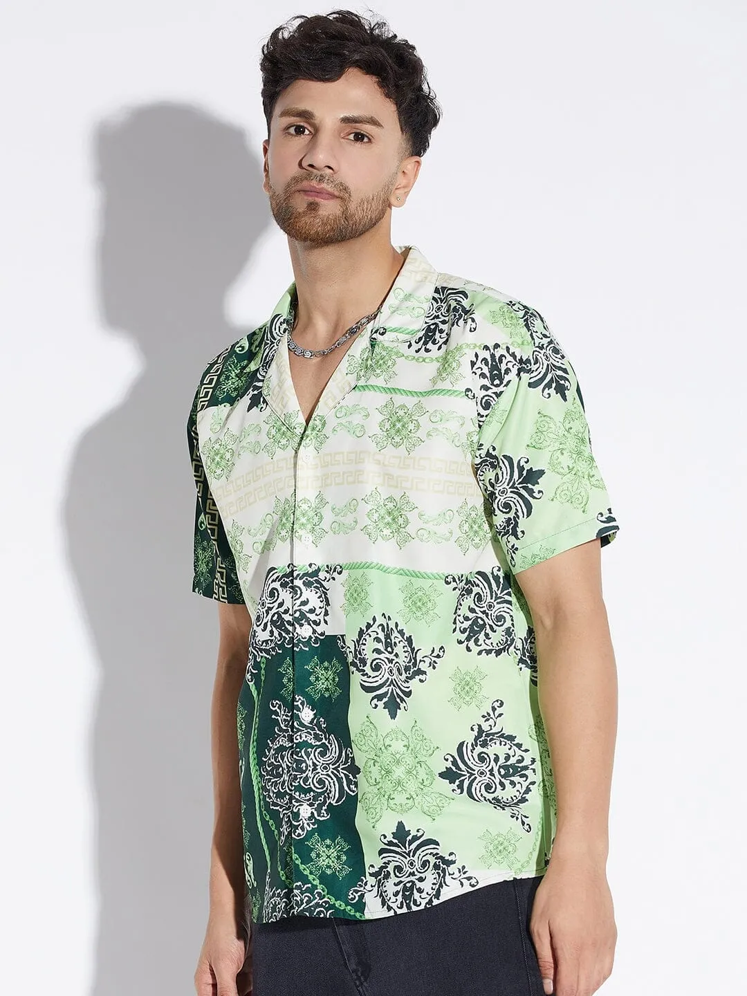 Green Baroque Print Cuban Shirt