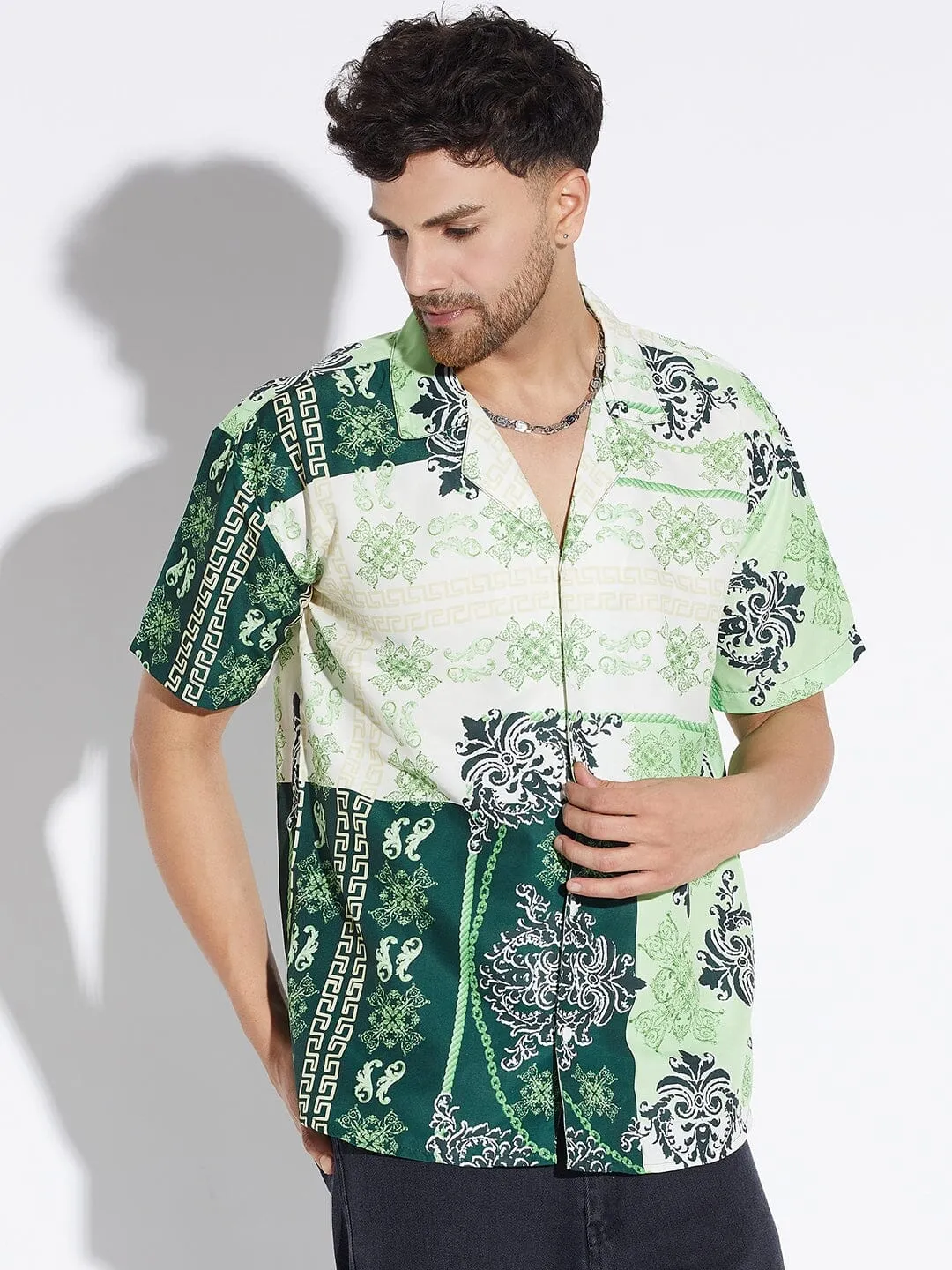 Green Baroque Print Cuban Shirt