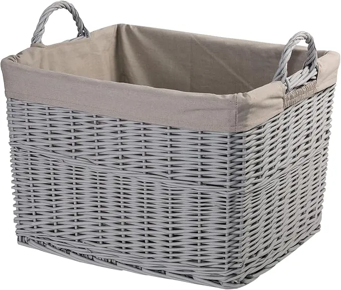 Grey Rectangular Wicker Storage Basket with Lining