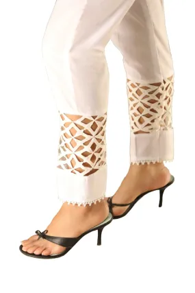 IshDeena Casual or Work  Elastic Waist White Cotton Trousers With Lace for Petite Women