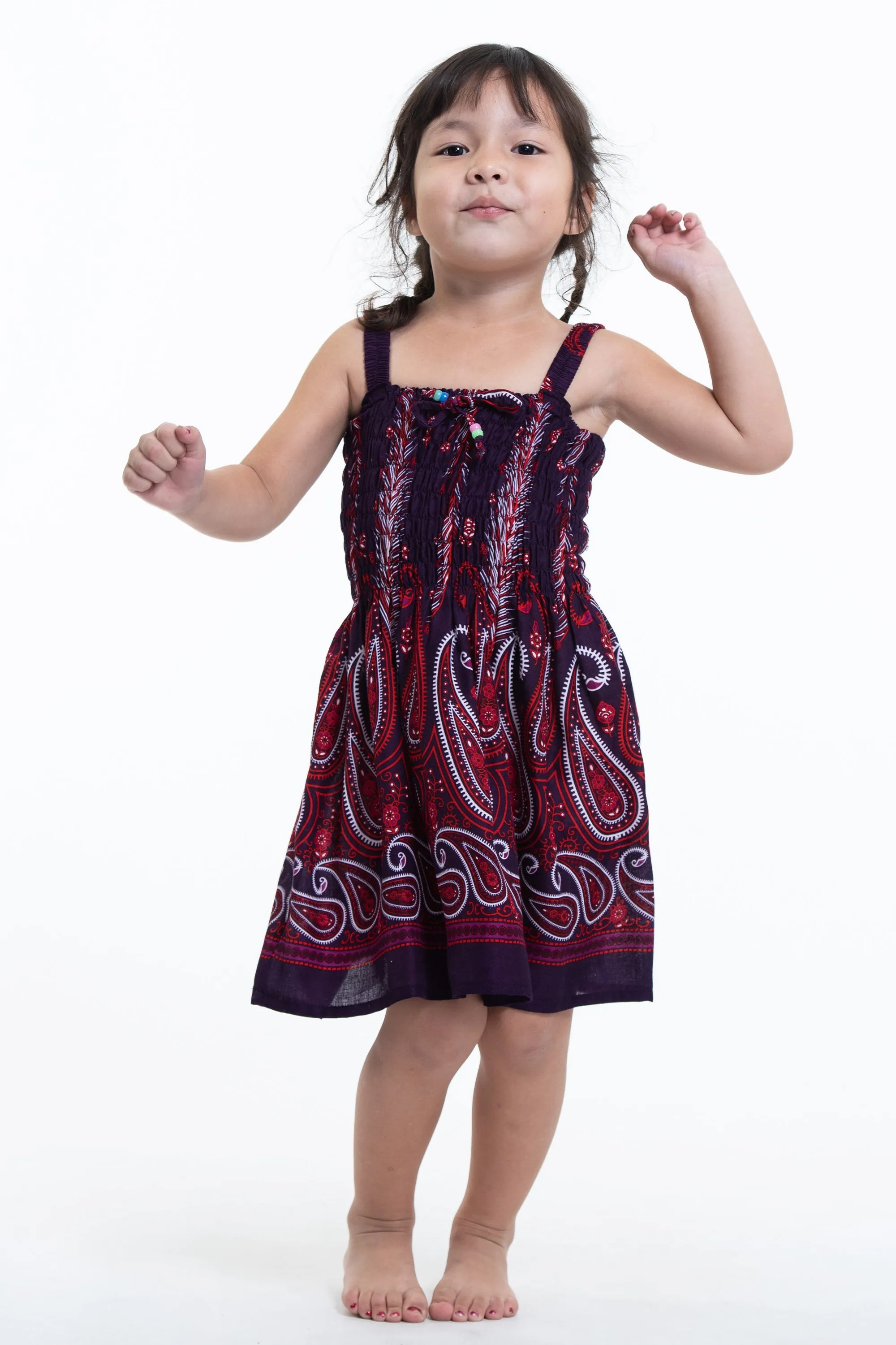 Kids Paisley Feathers Smock Dress in Purple