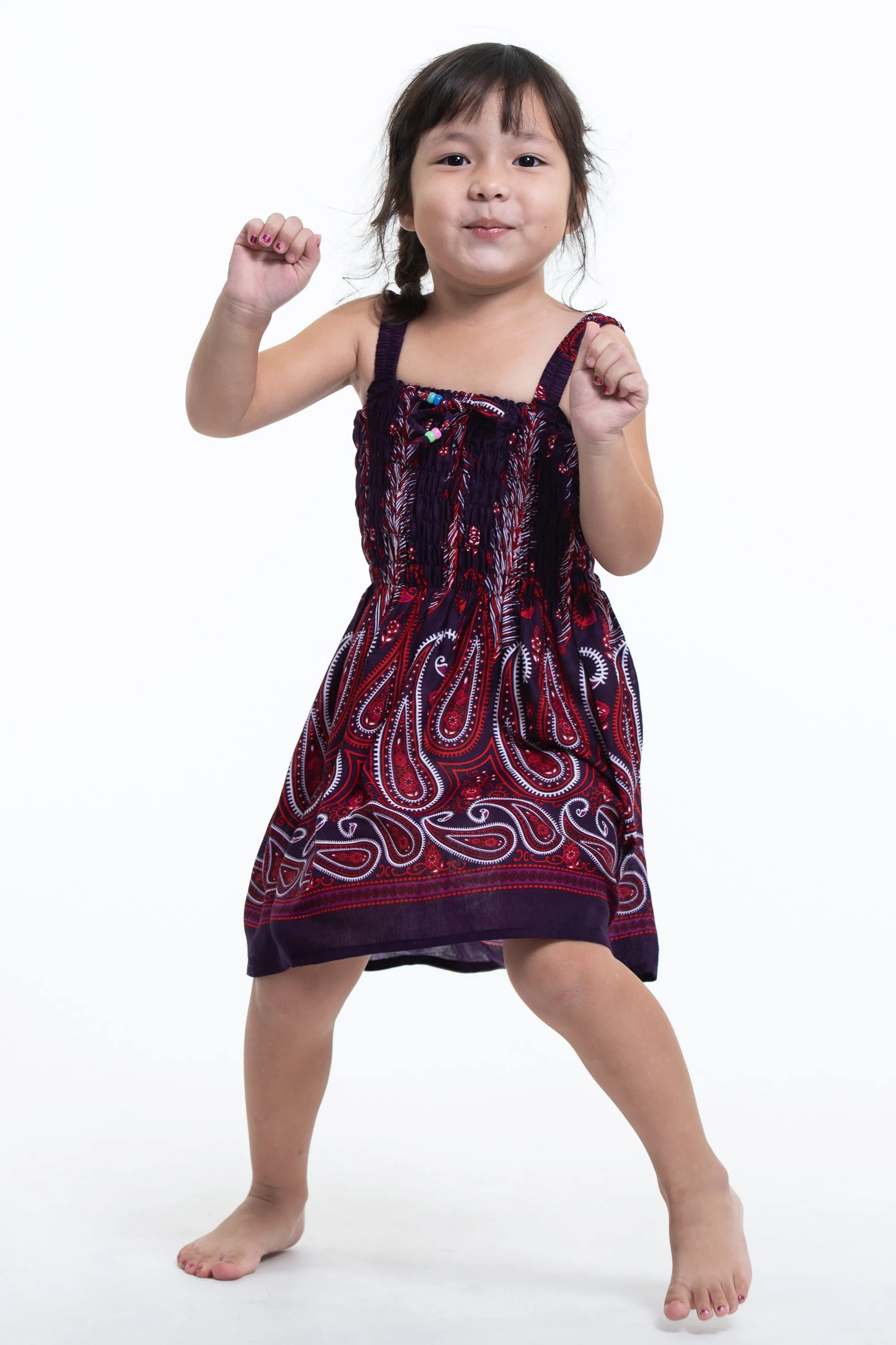 Kids Paisley Feathers Smock Dress in Purple