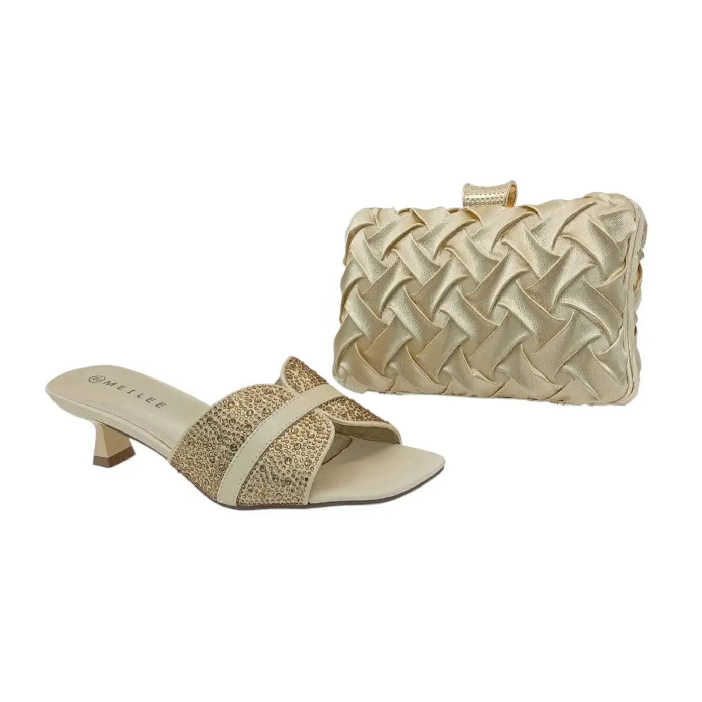 Meilee Glitter Kitten Heel Mule and Satin Woven Clutch Bag Set