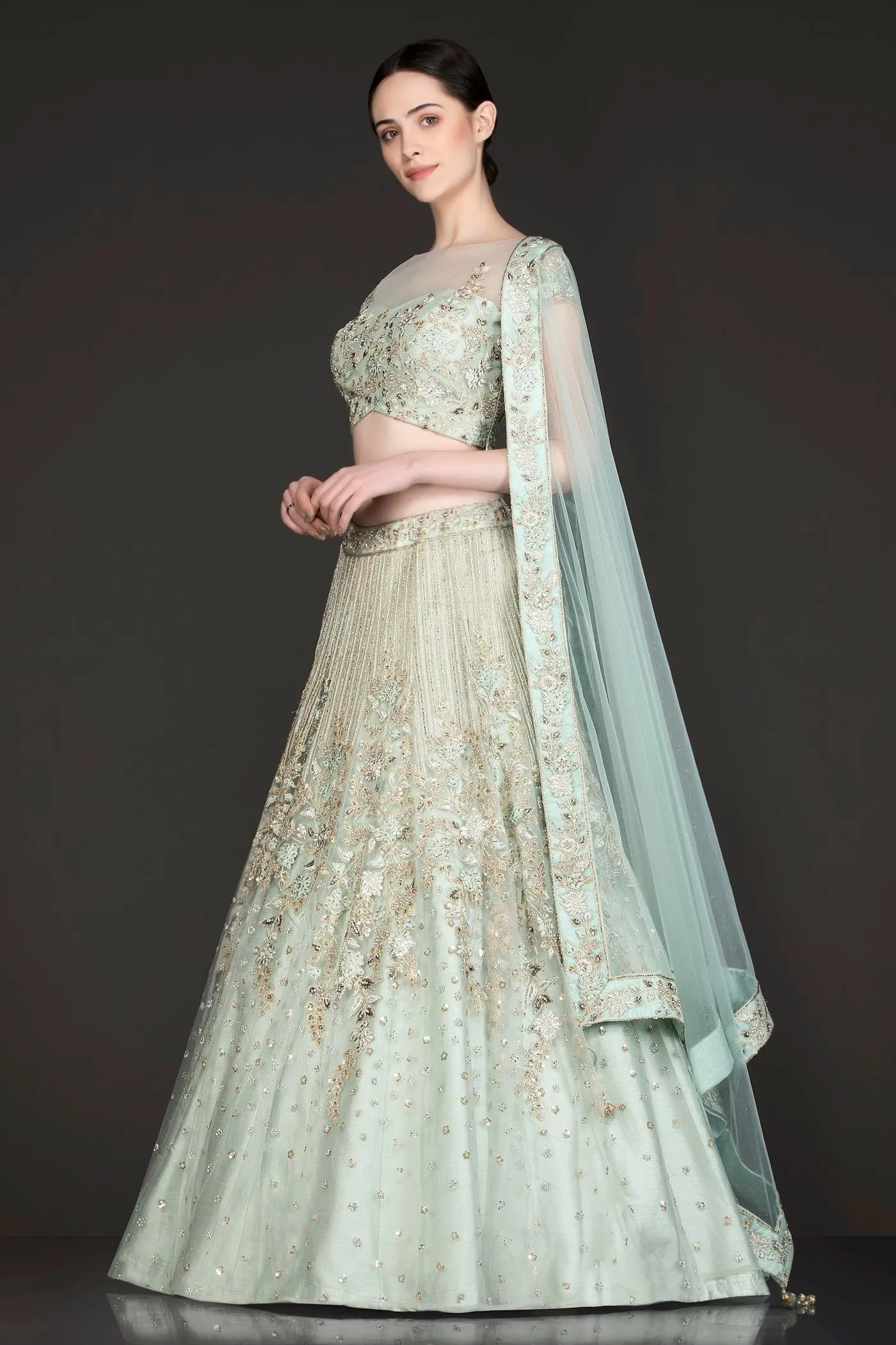 Mint Green Net Lehenga Top Dupatta With Resham Embroidery